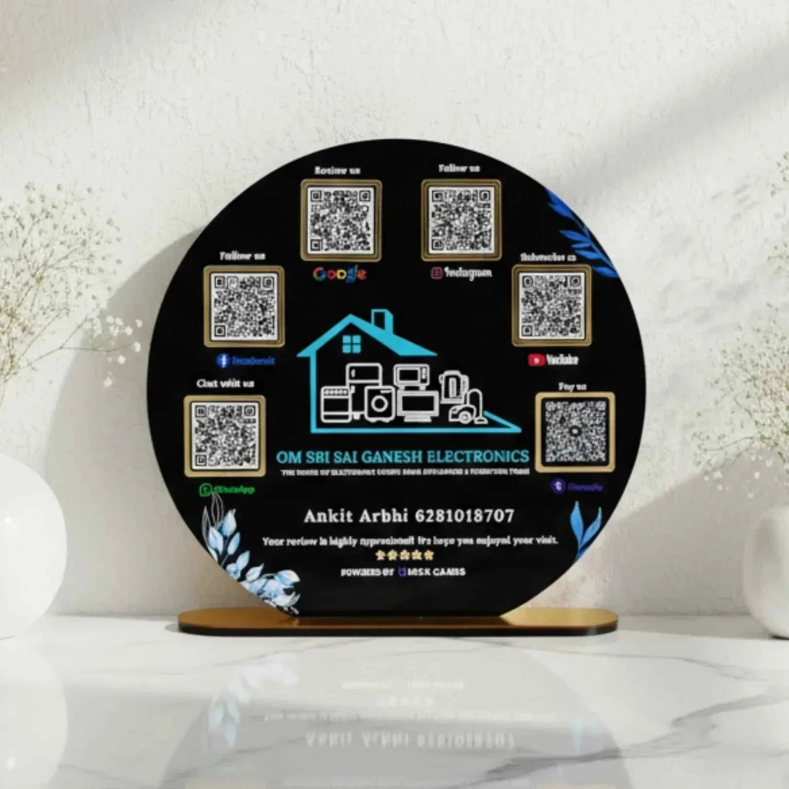 Round Shape 6 QR with UV Printed Acrylic Stand